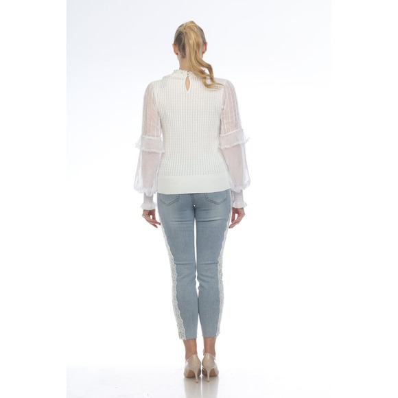 AZI Women's White Dressy Sweater Size S Sheer Puff Sleeves Pearls NWT - Picture 3 of 3